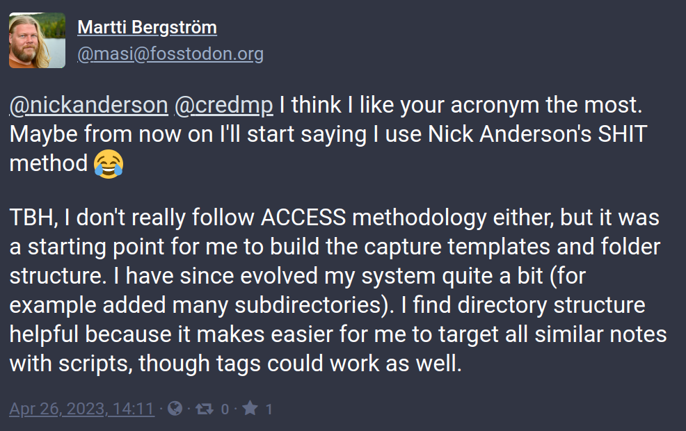 Figure 2: Martti Bergström (@masi@fosstodon.org) uses the Nick Anderson SHIT meethod. https://fosstodon.org/@masi/110266696809445948